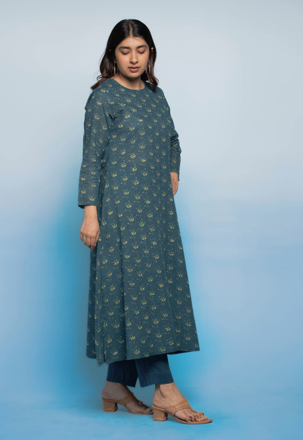 Tahira Teal Blue Dabu Mul Cotton A Line Kurta