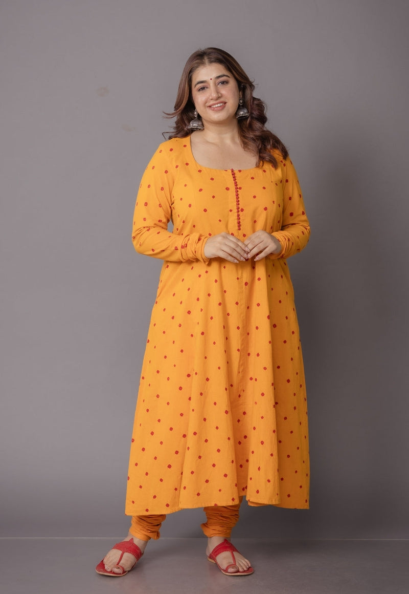 Akrita Yellow Bandhani Cotton Kali Kurta