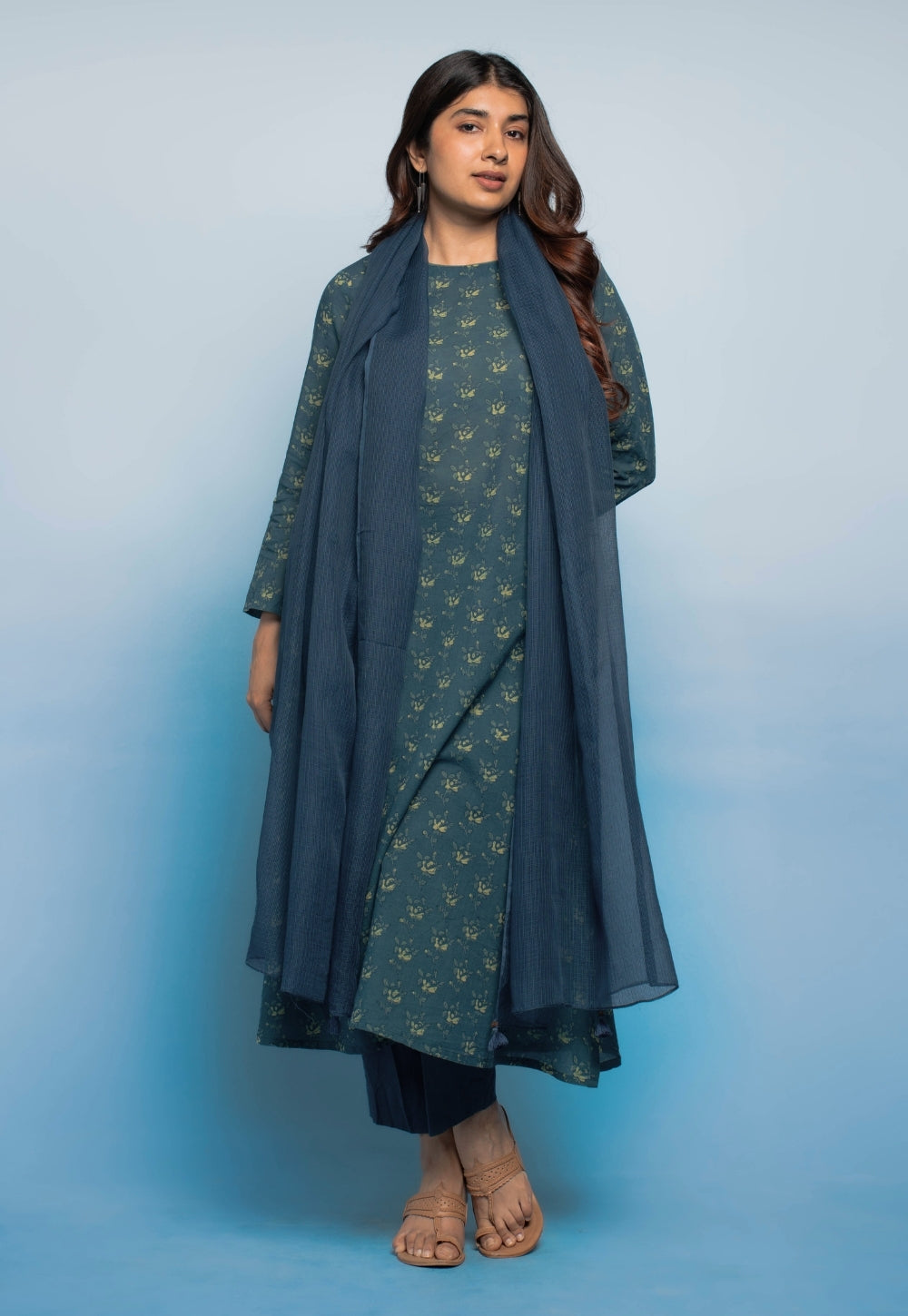 Tahira Teal Blue Dabu Mul Cotton A Line Kurta