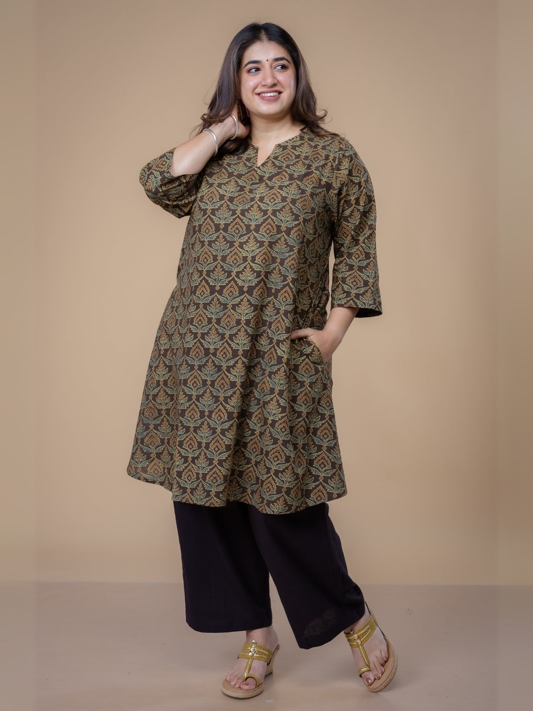Daksha Brown Ajrakh Cotton A Line Kurta