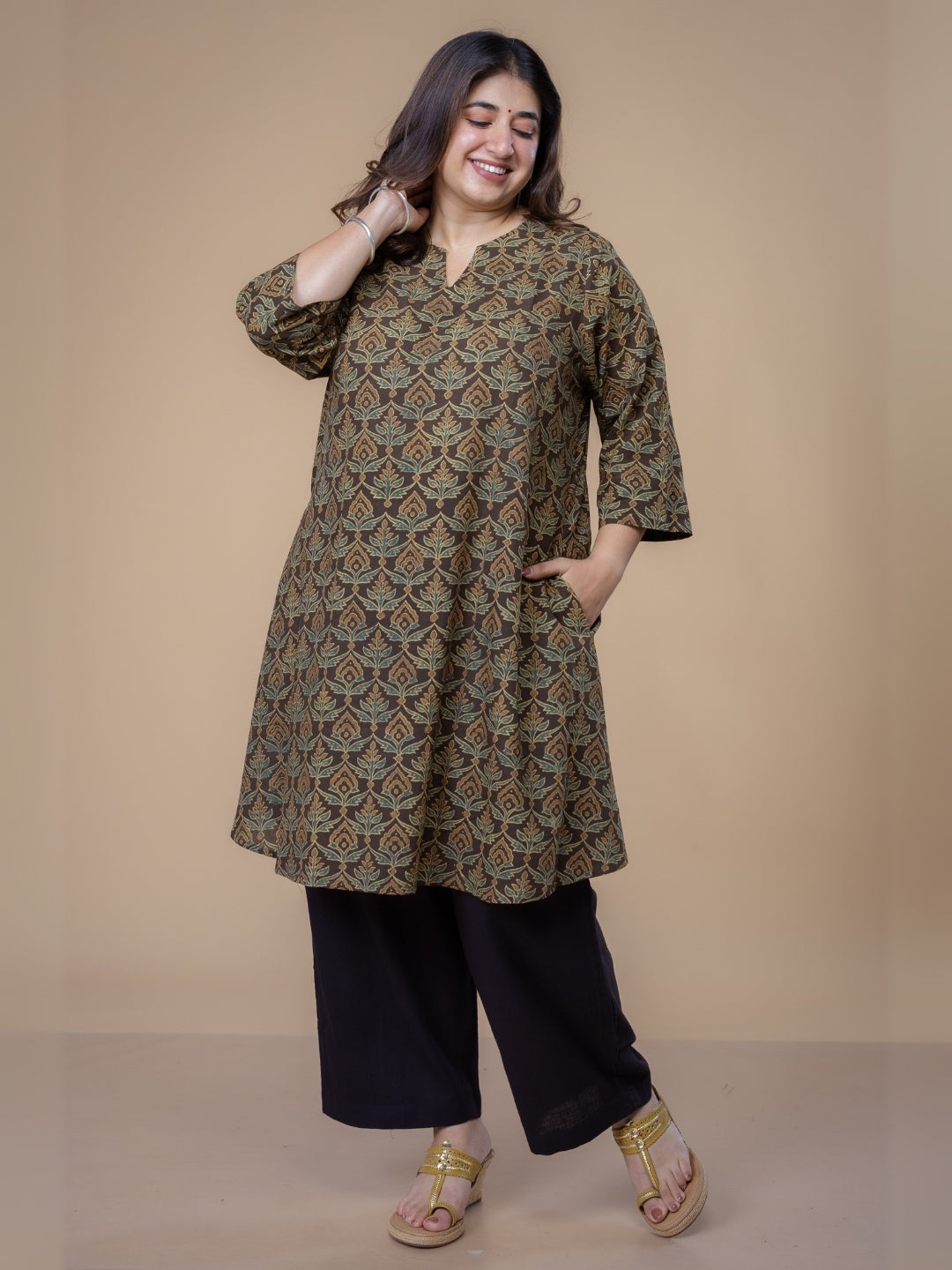 Daksha Brown Ajrakh Cotton A Line Kurta