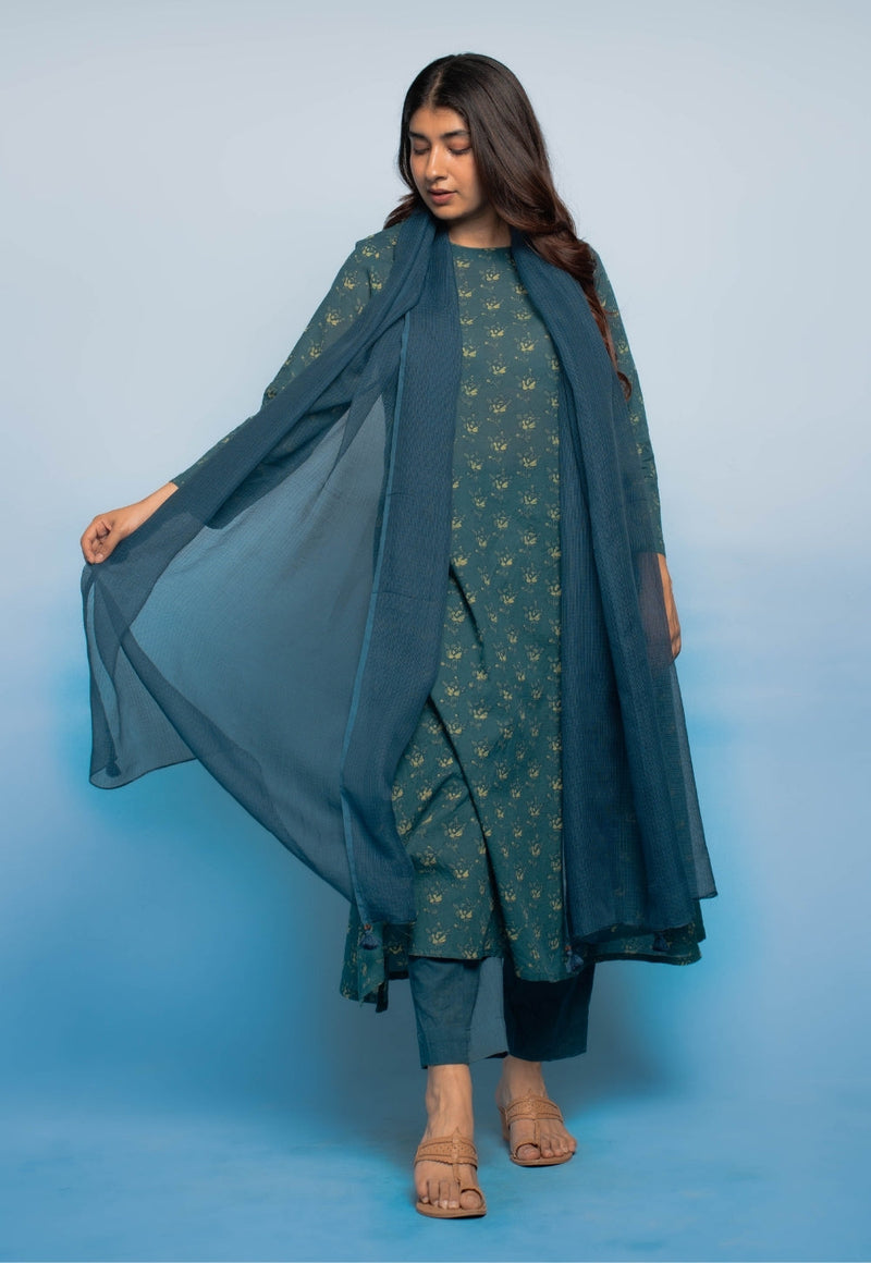 Tahira Teal Blue Dabu Mul Cotton A Line Kurta