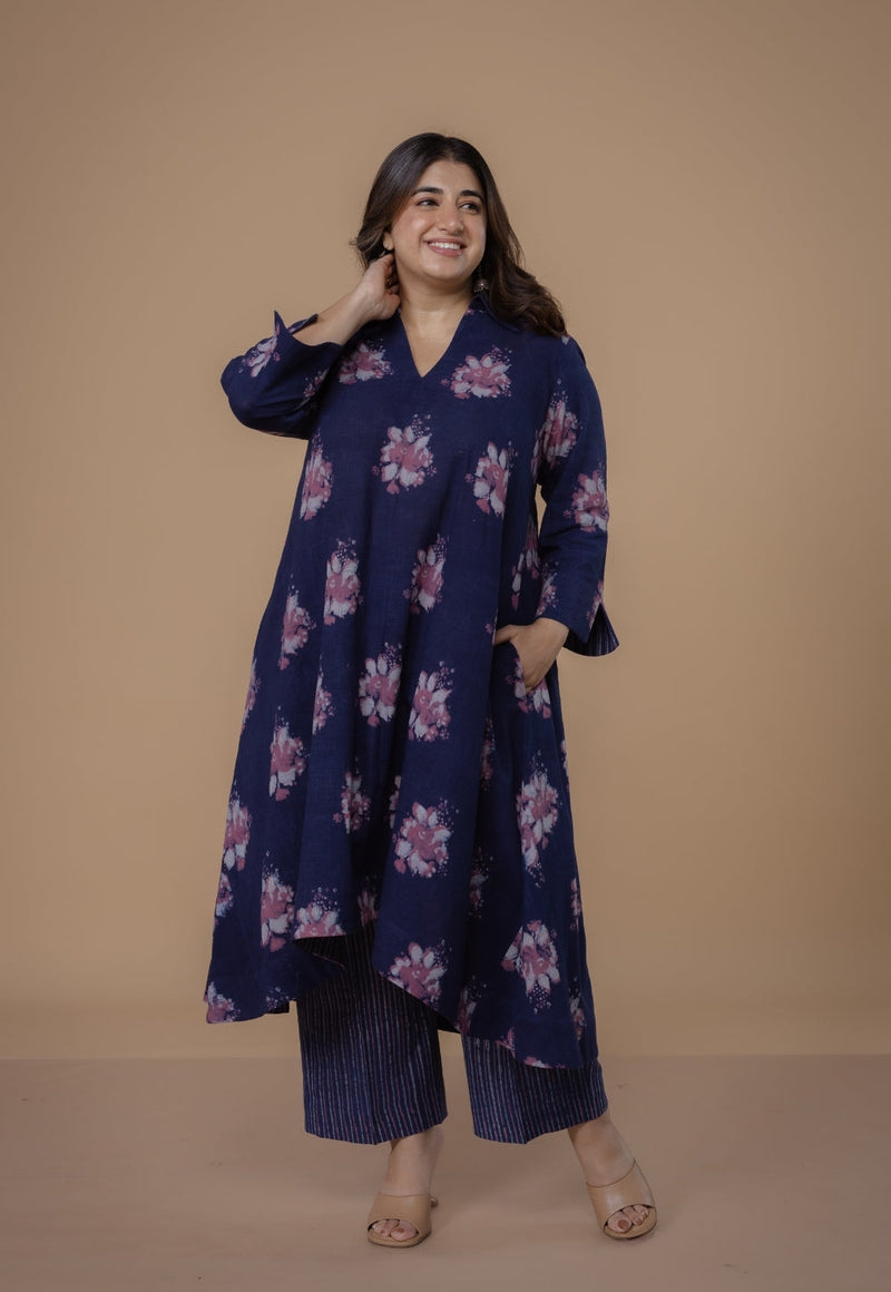 Yashi Purple Dabu Slub Cotton Straight Pant