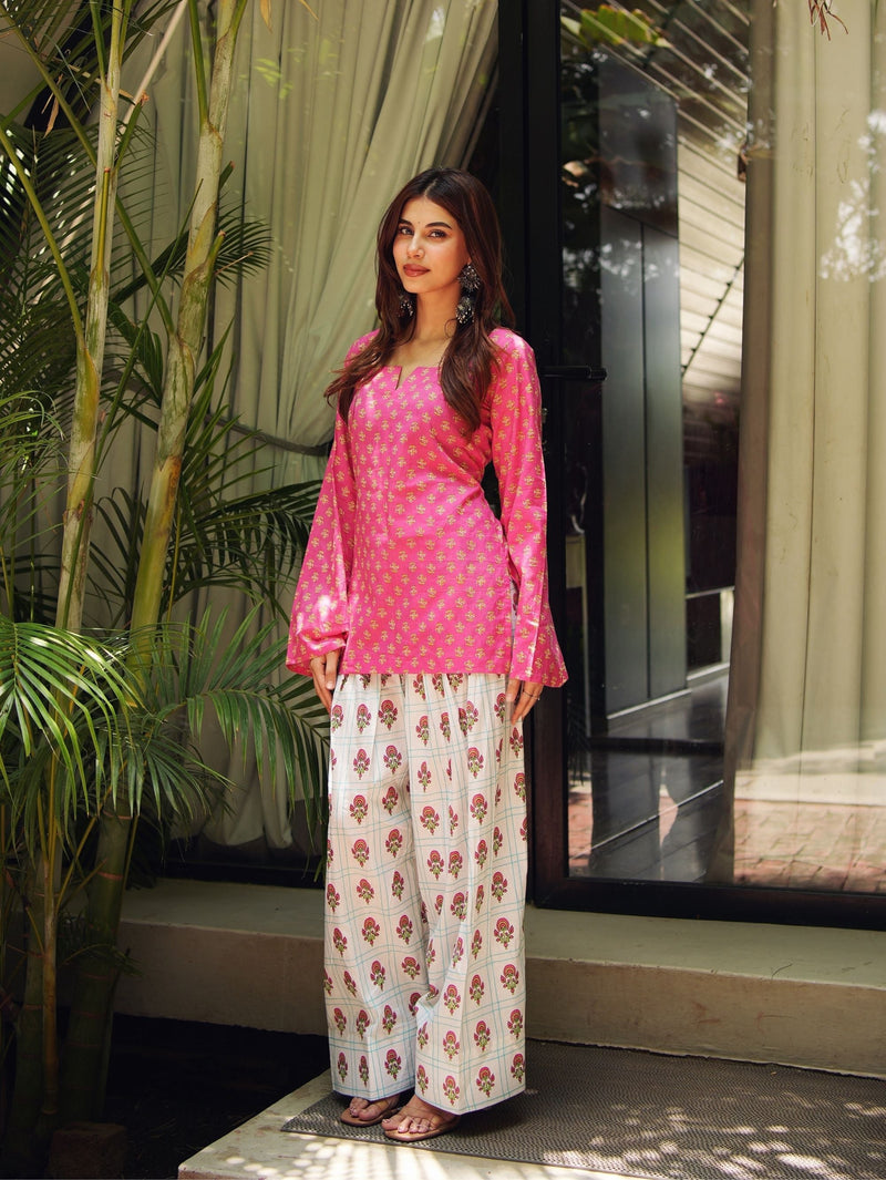 Vanya Pink Cotton Farshi Set for Women - Oversized Short Kurta with Farshi Salwar