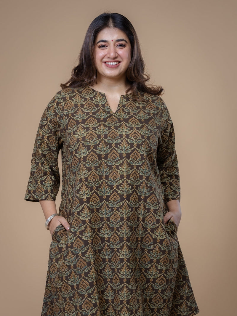 Daksha Brown Ajrakh Cotton A Line Kurta
