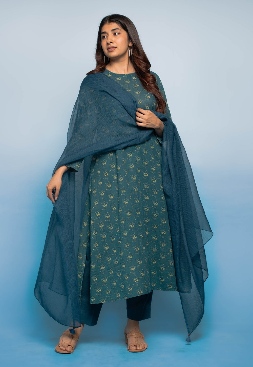 Tahira Teal Blue Dabu Mul Cotton A Line Kurta