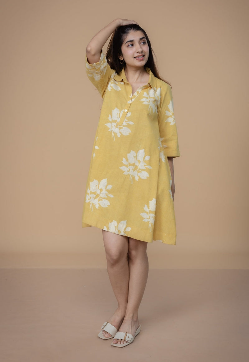 Srisha Yellow Dabu Slub Cotton A Line Dress