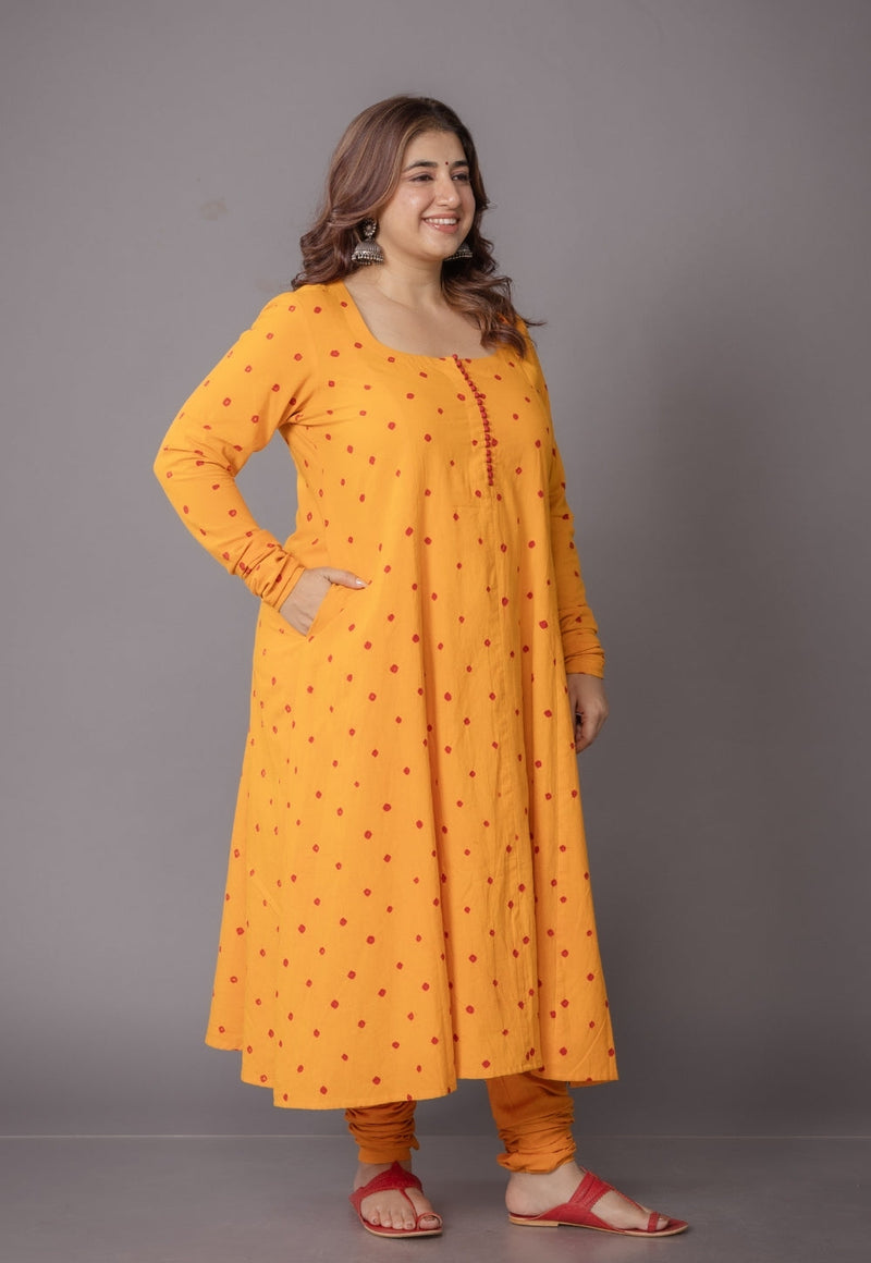 Akrita Yellow Bandhani Cotton Kali Kurta