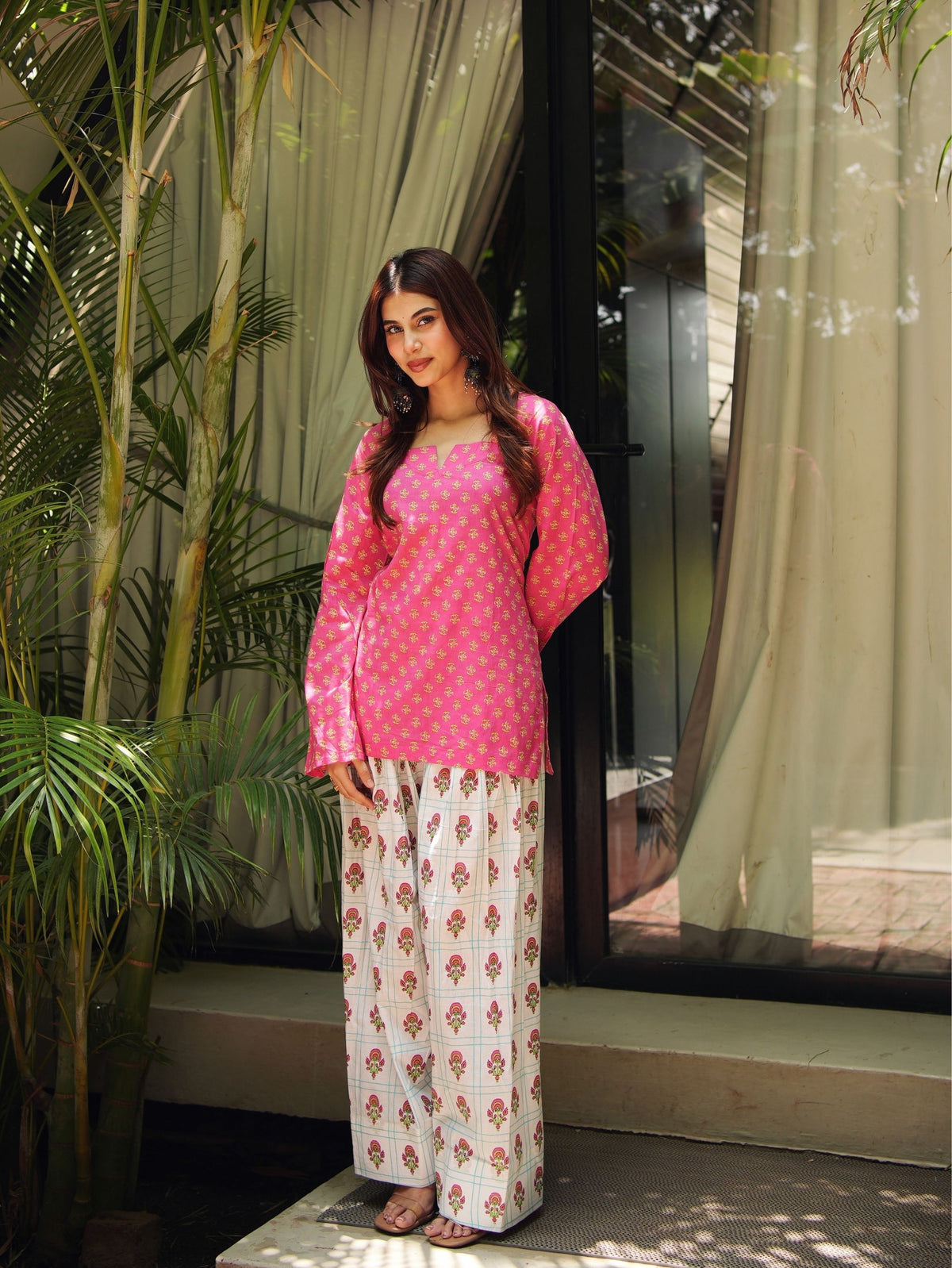 Vanya Pink Cotton Farshi Set for Women - Oversized Short Kurta with Farshi Salwar