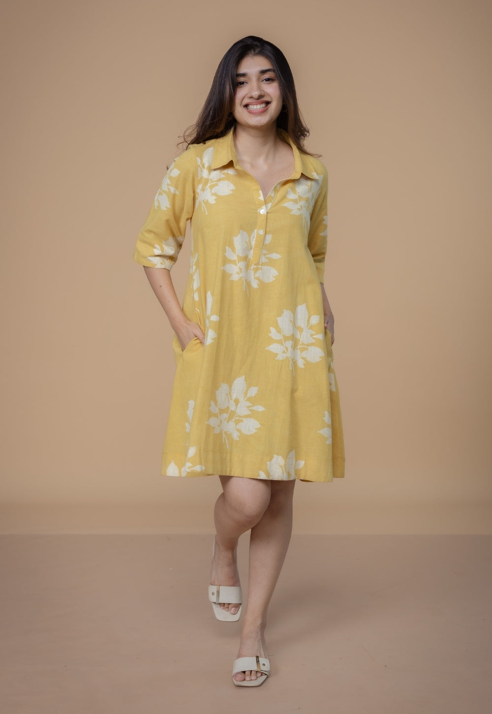Srisha Yellow Dabu Slub Cotton A Line Dress