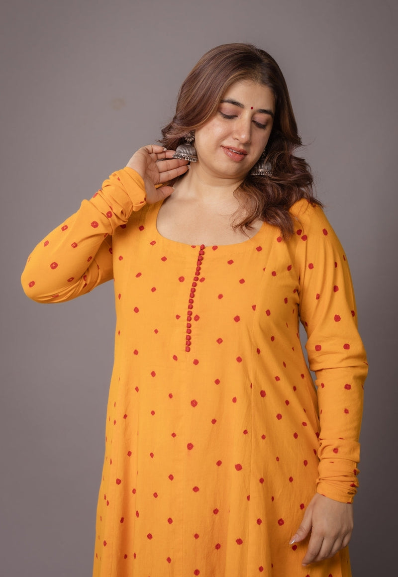 Akrita Yellow Bandhani Cotton Kali Kurta
