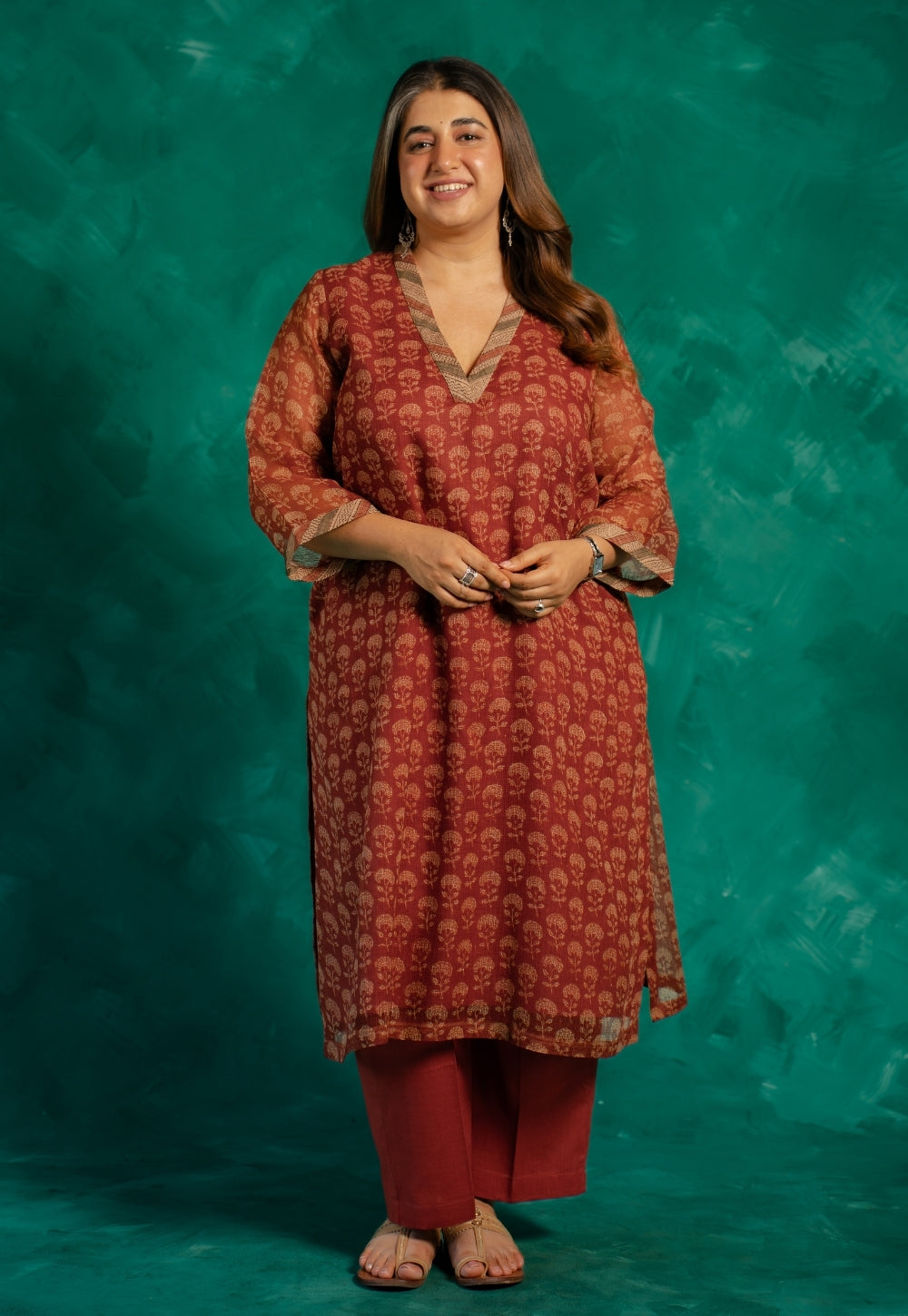Zeenat Red Bagru Kota Doria Cotton Straight Kurta