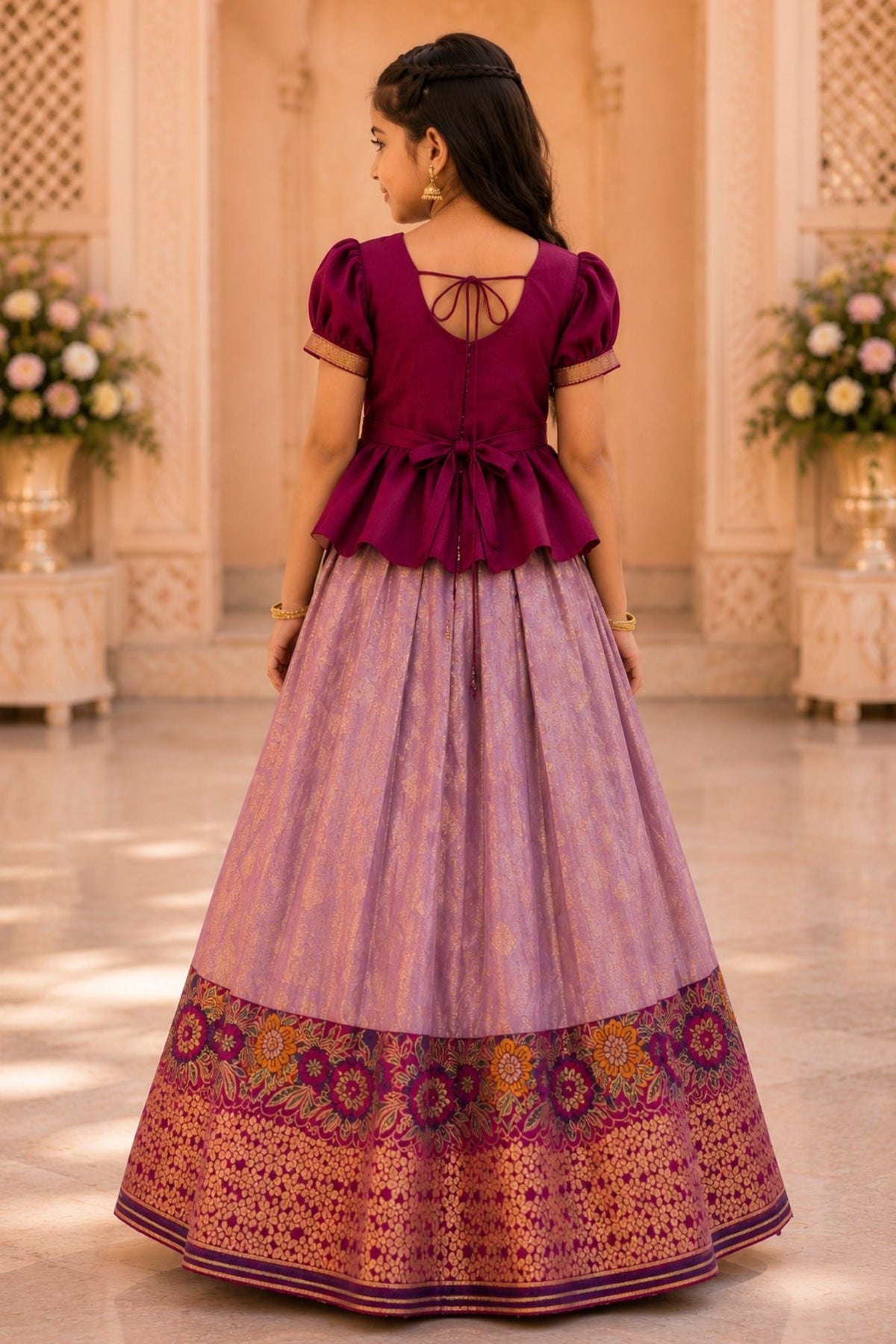 Wine Embroidered Pattu Pavadai Set with Zari Work For Girls