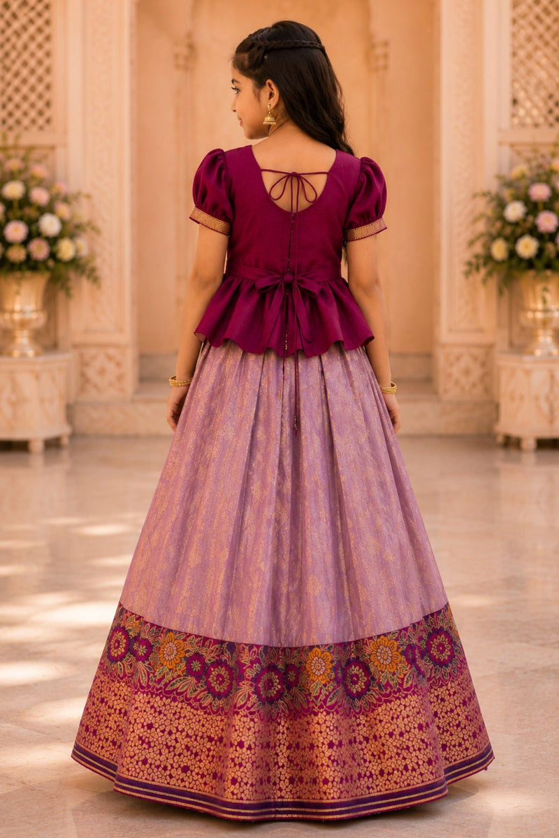 Wine Embroidered Pattu Pavadai Set with Zari Work For Girls