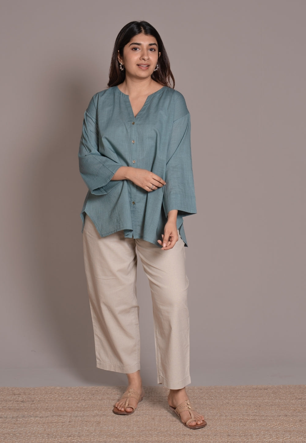 Light Blue Solid Slub Cotton Straight Short Top - DyeVerse
