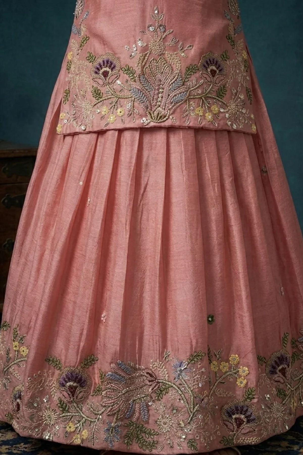 Girls Dusty Pink Embroidered Top with Flared Lehenga Set