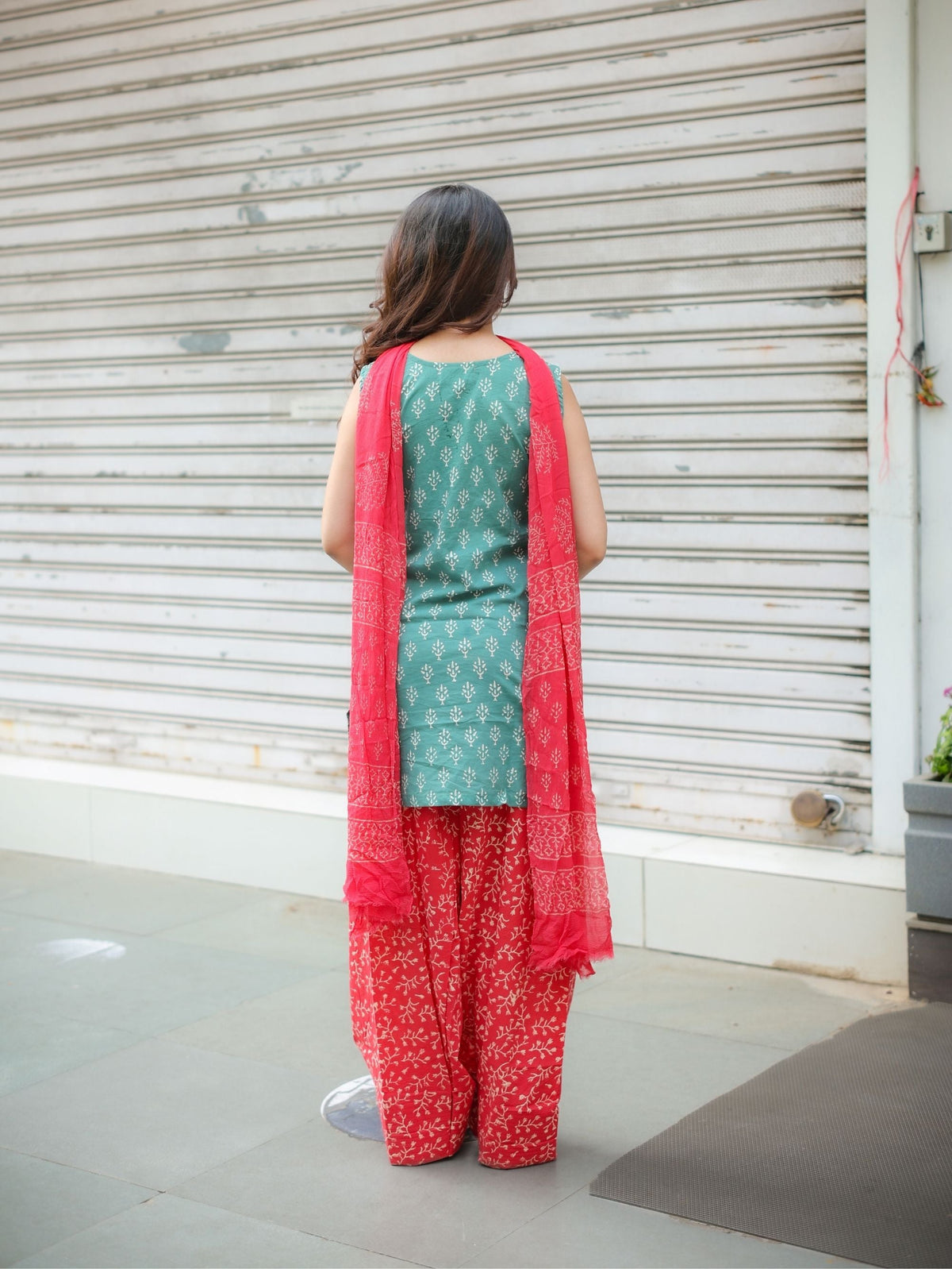 Ruby Sage Green & Red Farshi Salwar Set with cotton Dupatta