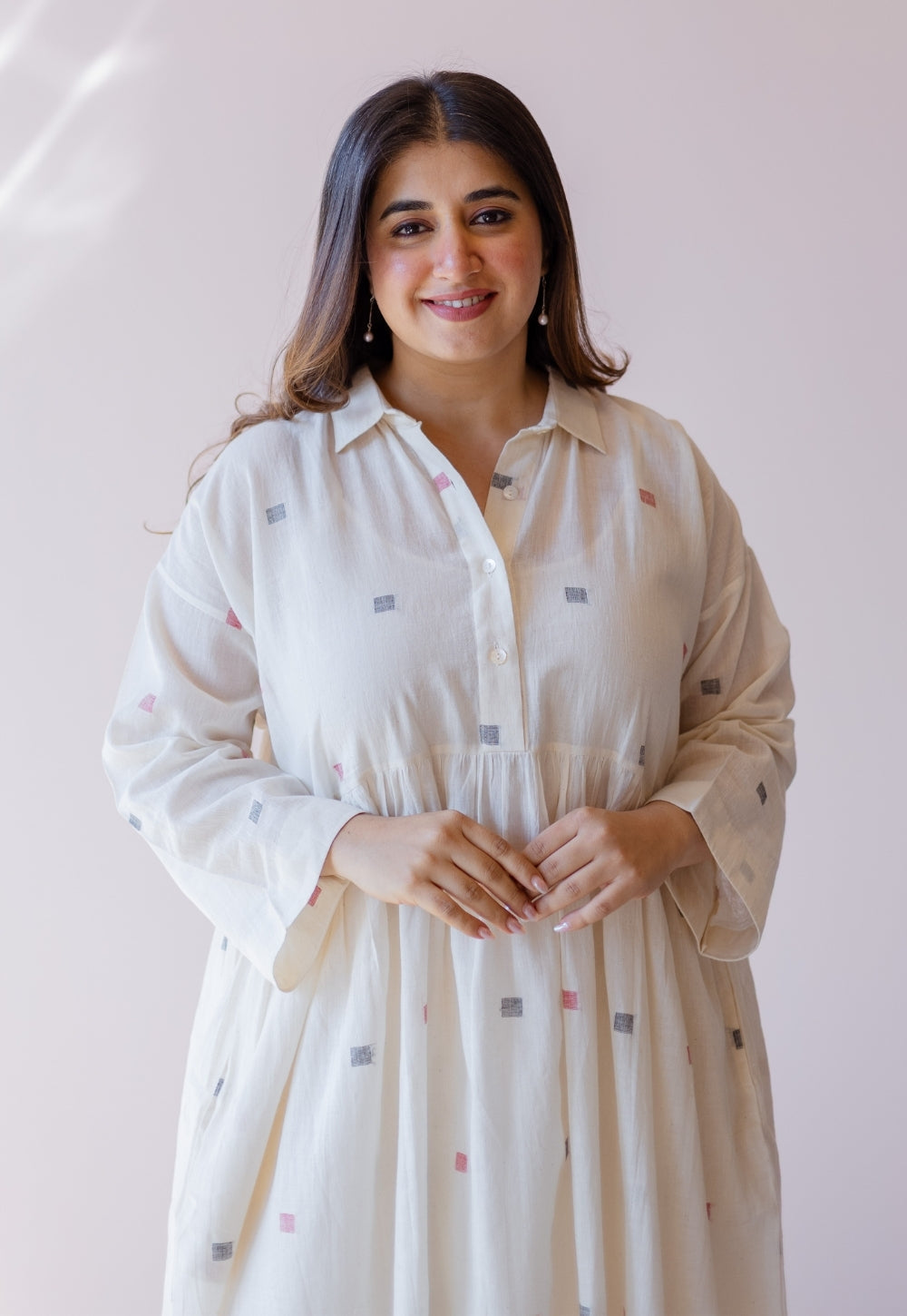 Rhea Off White Jamdani Handloom Cotton A Line Dress