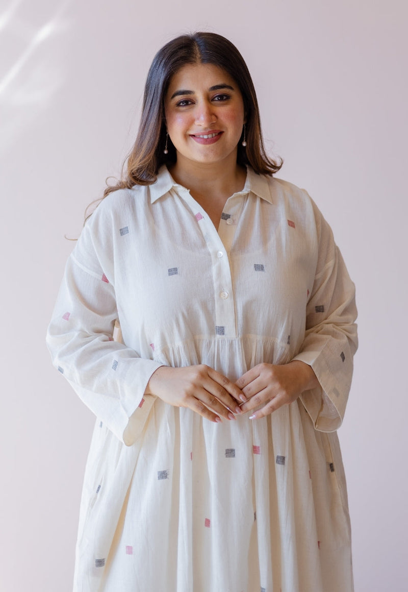 Rhea Off White Jamdani Handloom Cotton A Line Dress