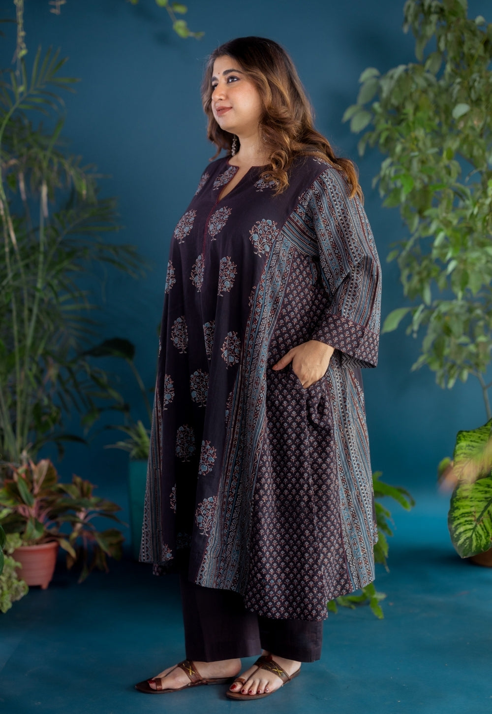 Garima Black Ajrakh Cotton Jhabbha Kali Kurta with Hand Embroidery