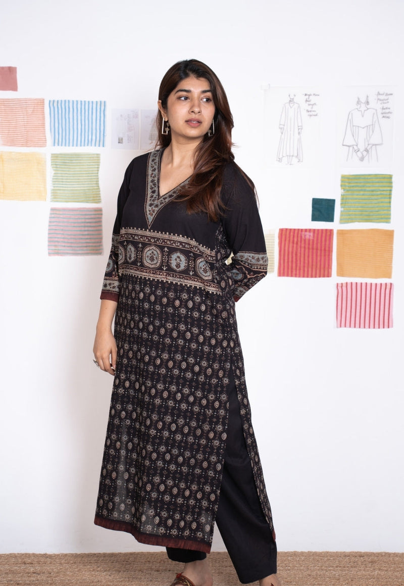 Elisha Black Ajrakh Cotton Straight Kurta
