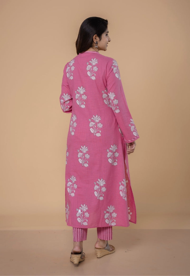 Eshika Pink Dabu Slub Cotton A Line Kurta