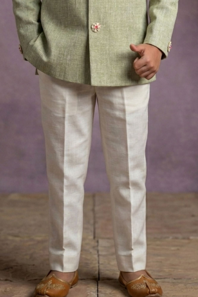 Pista Green Jodhpuri Suit With Bird Embroidery And Floral Detailing For Boys