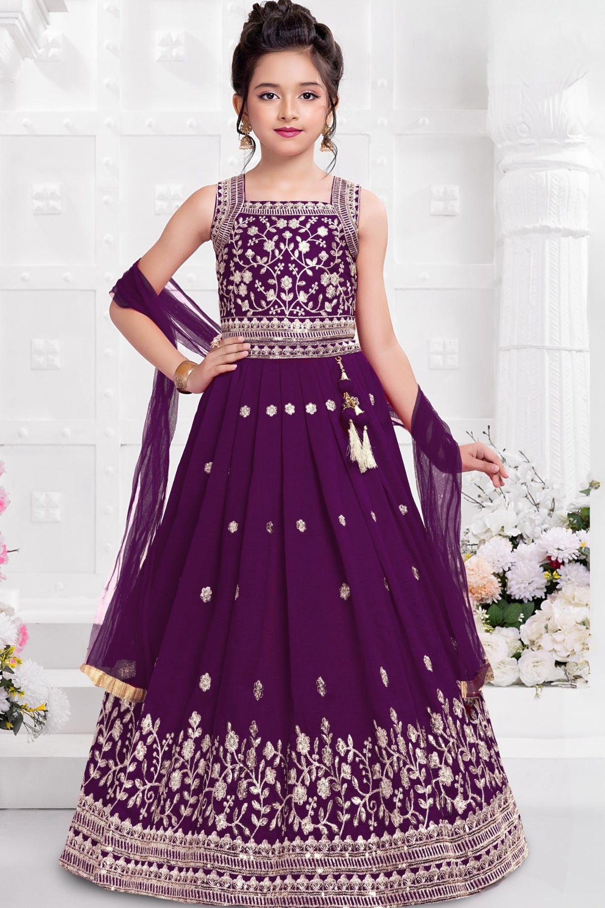 Purple Embroidered Lehenga Choli Set with Dupatta for Girls