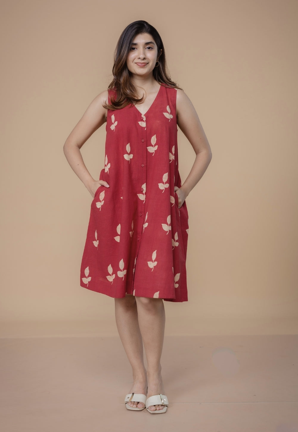 Siaa Red Dabu Slub Cotton A Line Dress