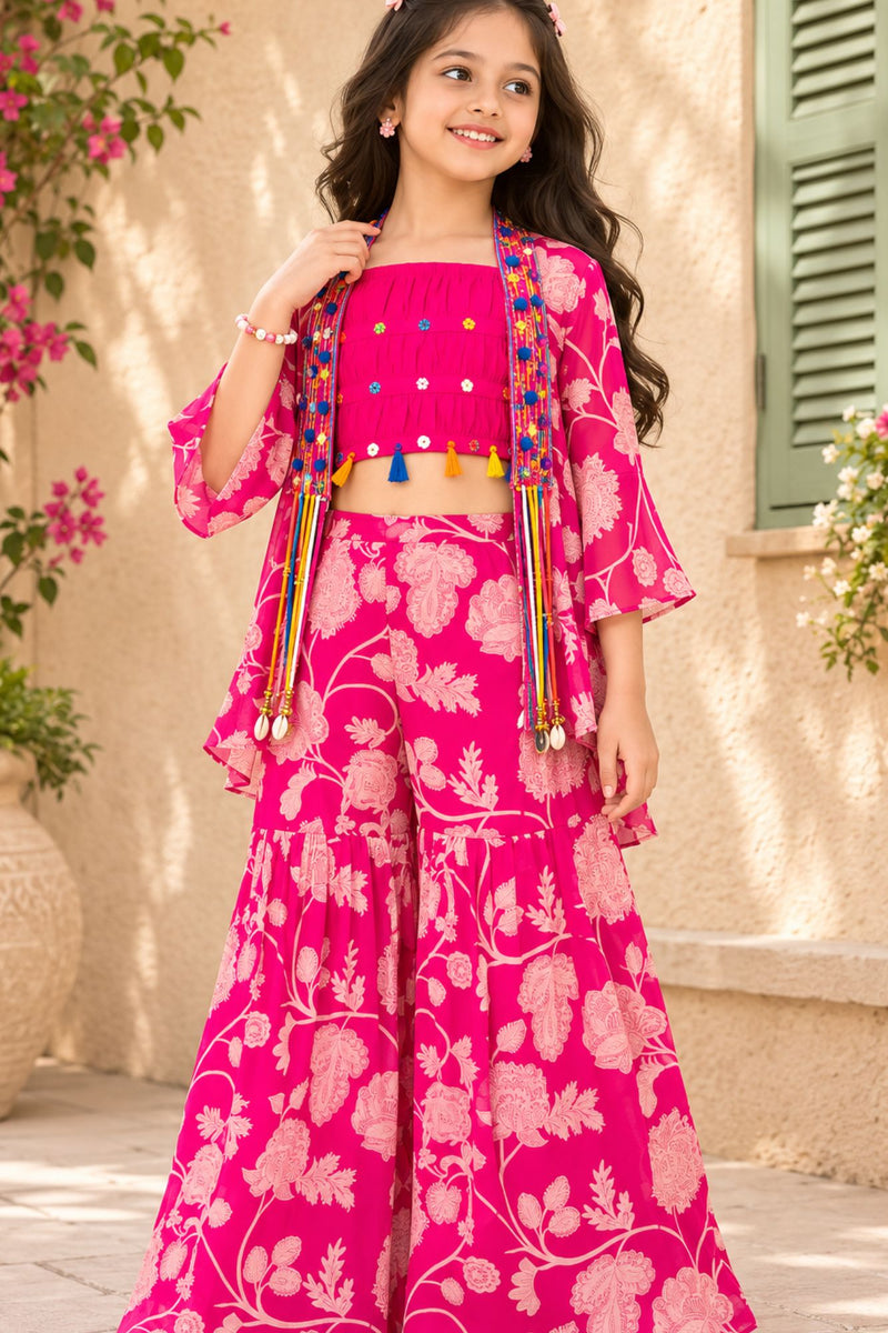 Pink Printed Co-Ord Set With Embellished Overcoat For Girls