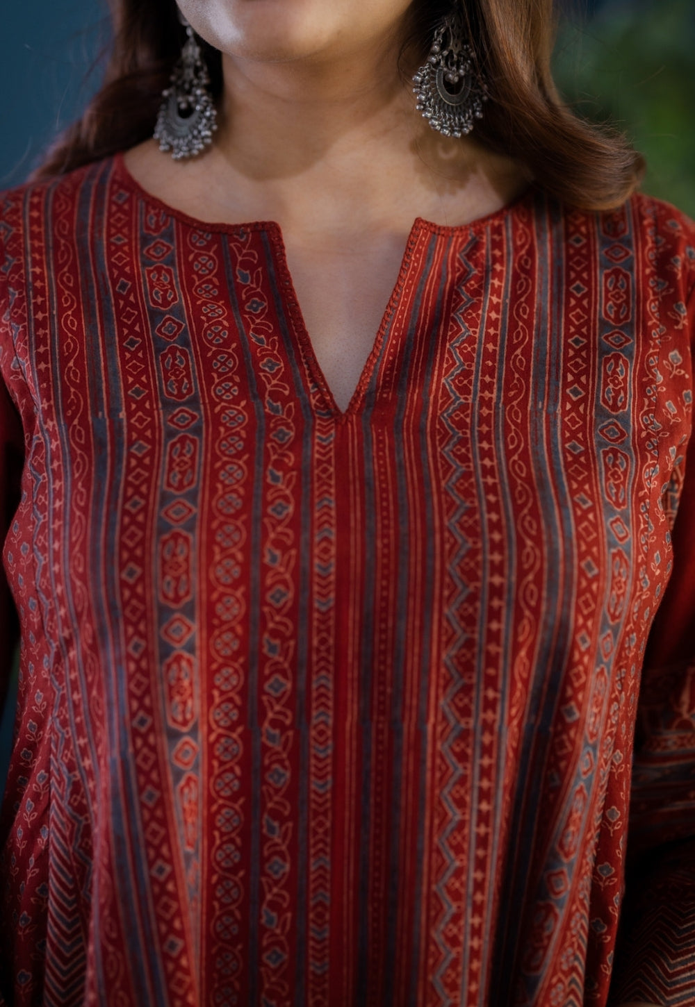 Pranika Red Ajrakh Cotton Kali Kurta with Hand Embroidery