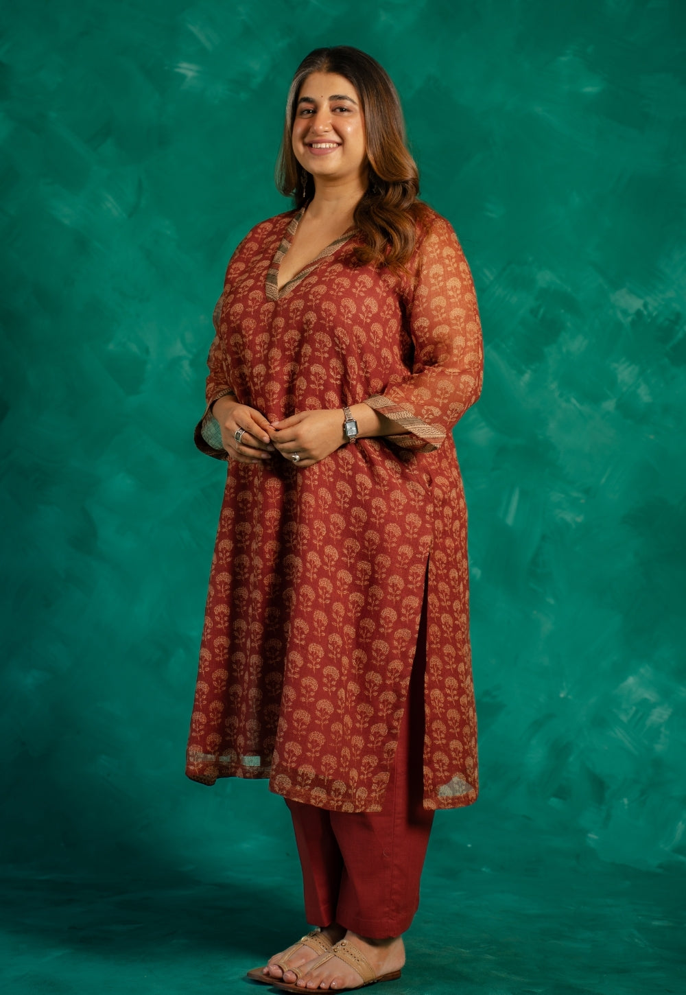 Zeenat Red Bagru Kota Doria Cotton Straight Kurta