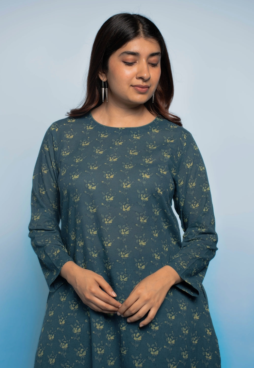 Tahira Teal Blue Dabu Mul Cotton A Line Kurta