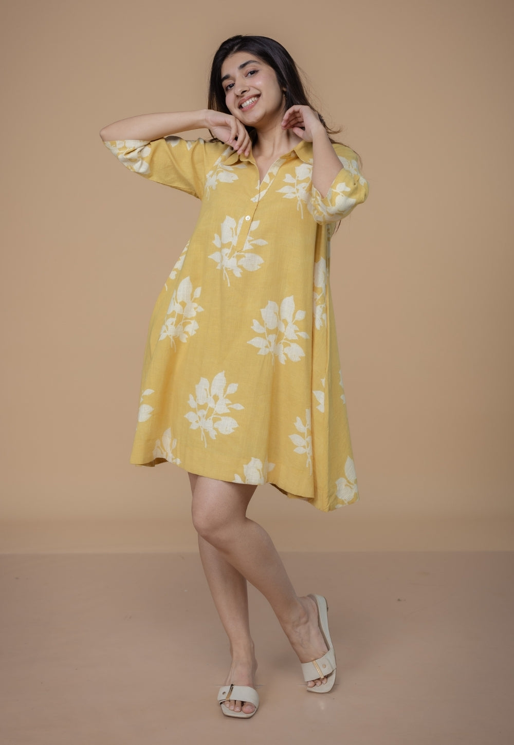 Srisha Yellow Dabu Slub Cotton A Line Dress