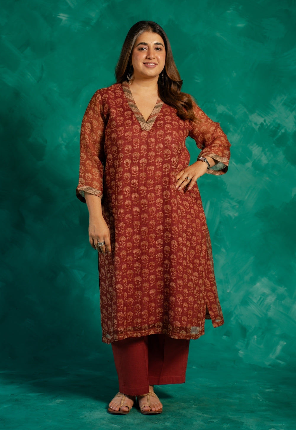 Zeenat Red Bagru Kota Doria Cotton Straight Kurta