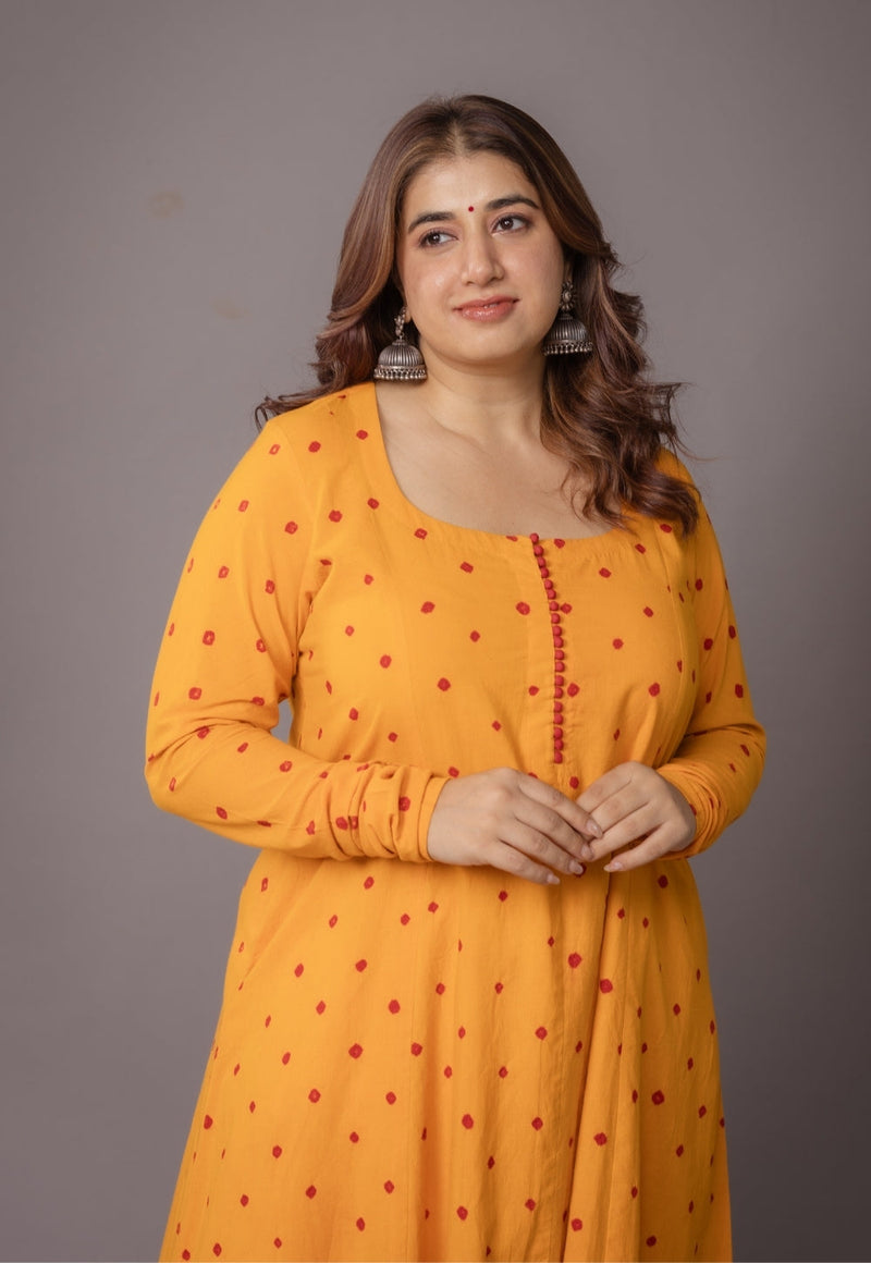 Akrita Yellow Bandhani Cotton Kali Kurta