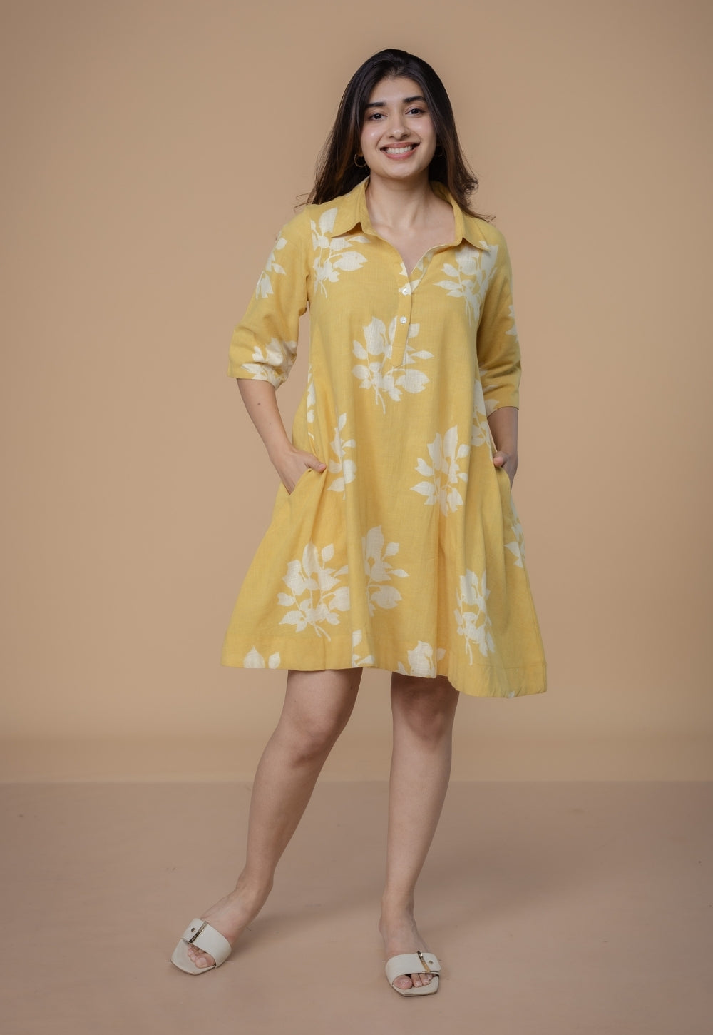 Srisha Yellow Dabu Slub Cotton A Line Dress