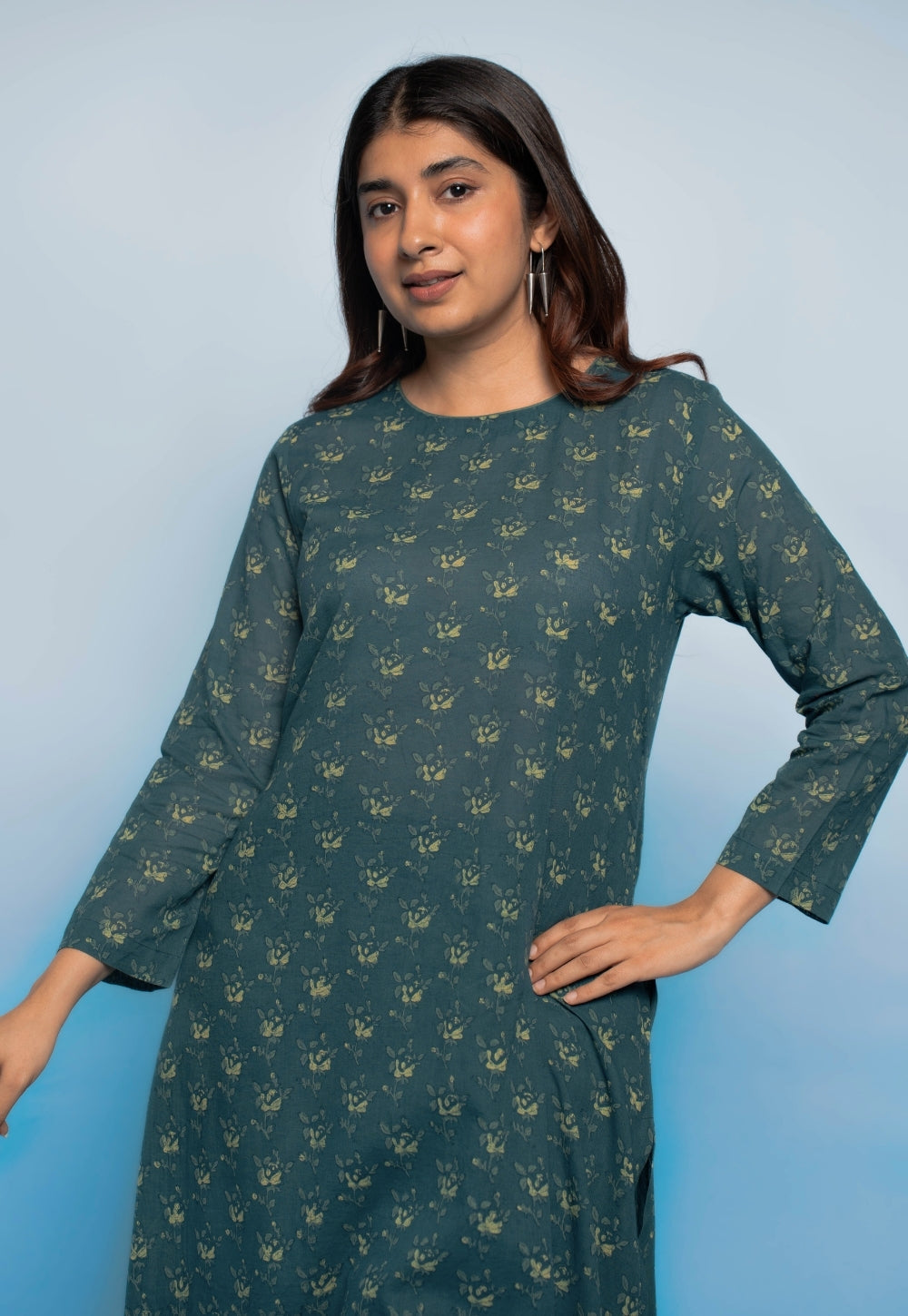 Tahira Teal Blue Dabu Mul Cotton A Line Kurta