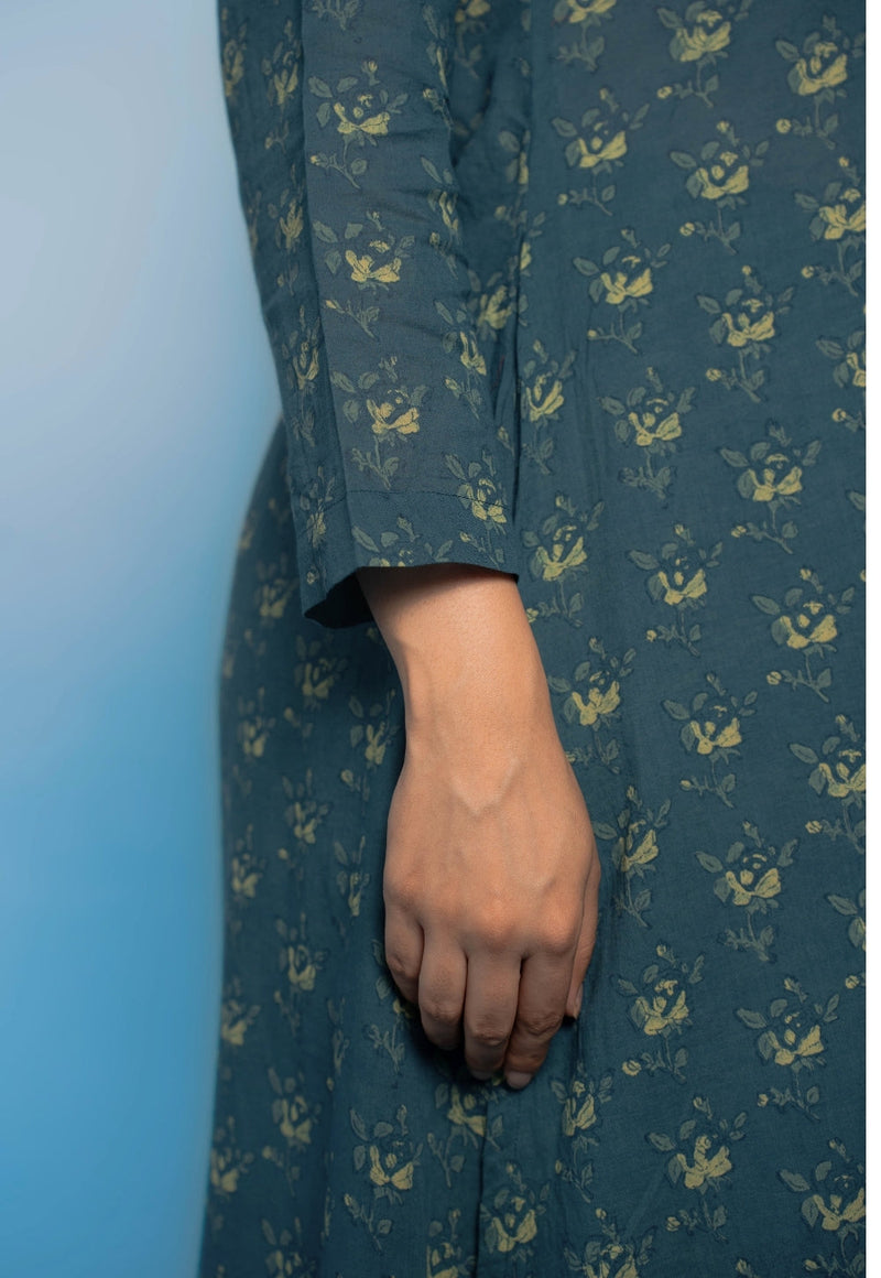 Tahira Teal Blue Dabu Mul Cotton A Line Kurta
