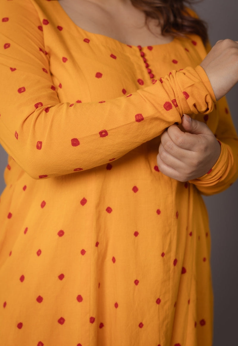 Akrita Yellow Bandhani Cotton Kali Kurta