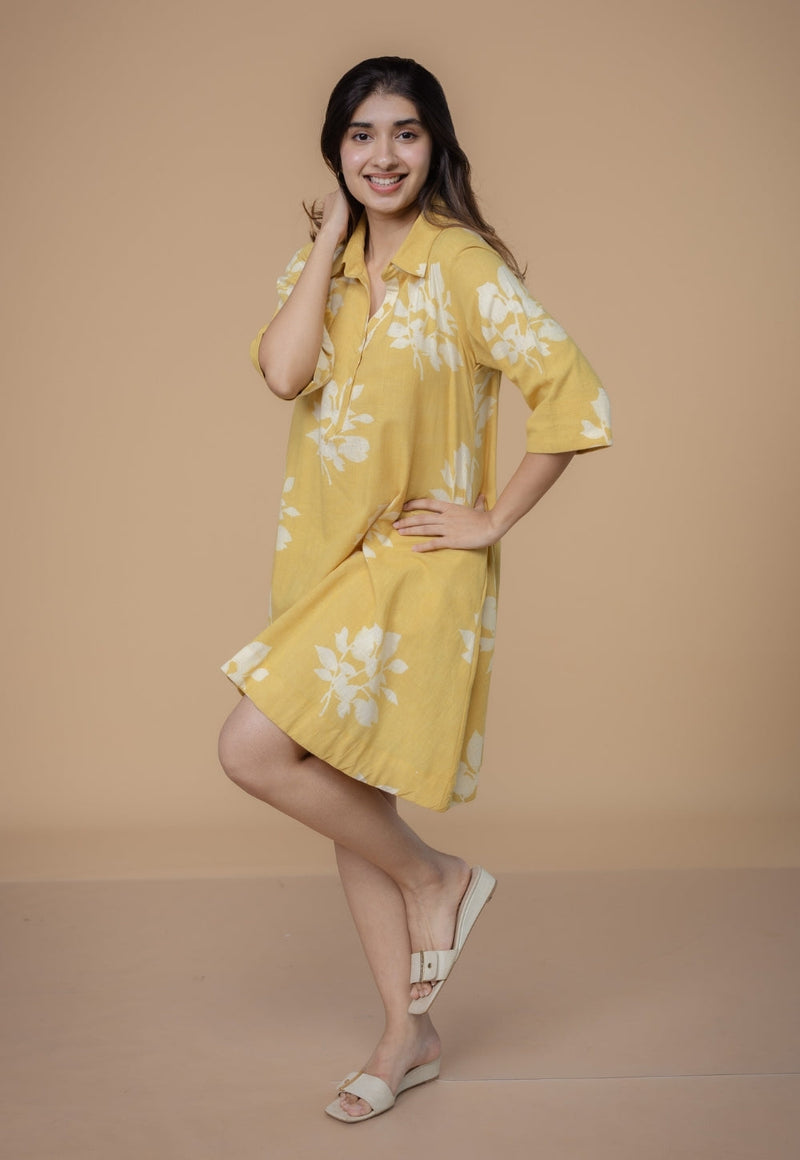 Srisha Yellow Dabu Slub Cotton A Line Dress