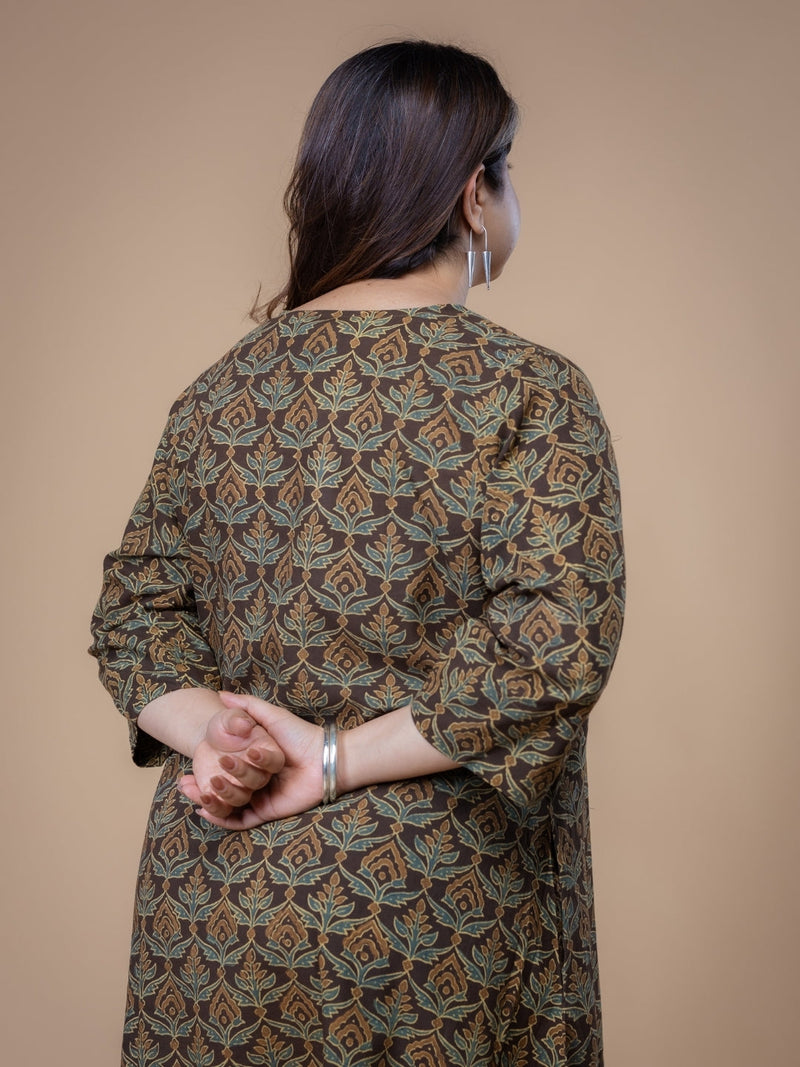 Daksha Brown Ajrakh Cotton A Line Kurta