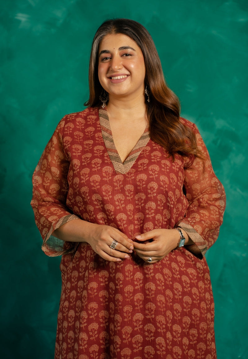 Zeenat Red Bagru Kota Doria Cotton Straight Kurta