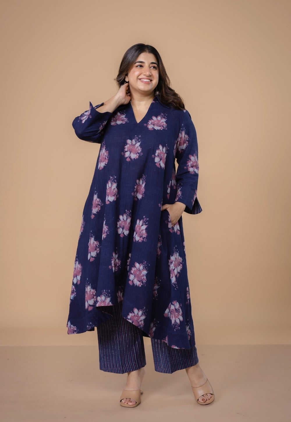 Simran Purple Dabu Slub Cotton A Line Kurta