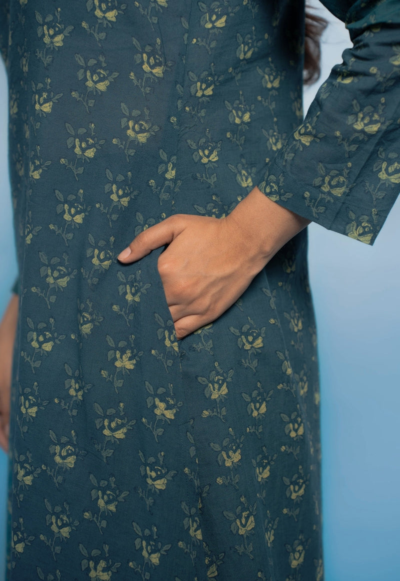 Tahira Teal Blue Dabu Mul Cotton A Line Kurta