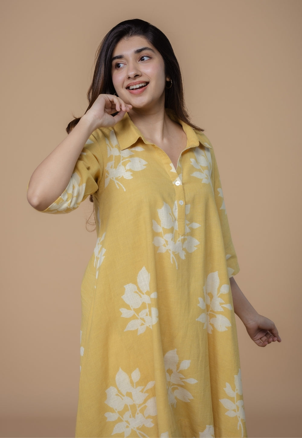 Srisha Yellow Dabu Slub Cotton A Line Dress