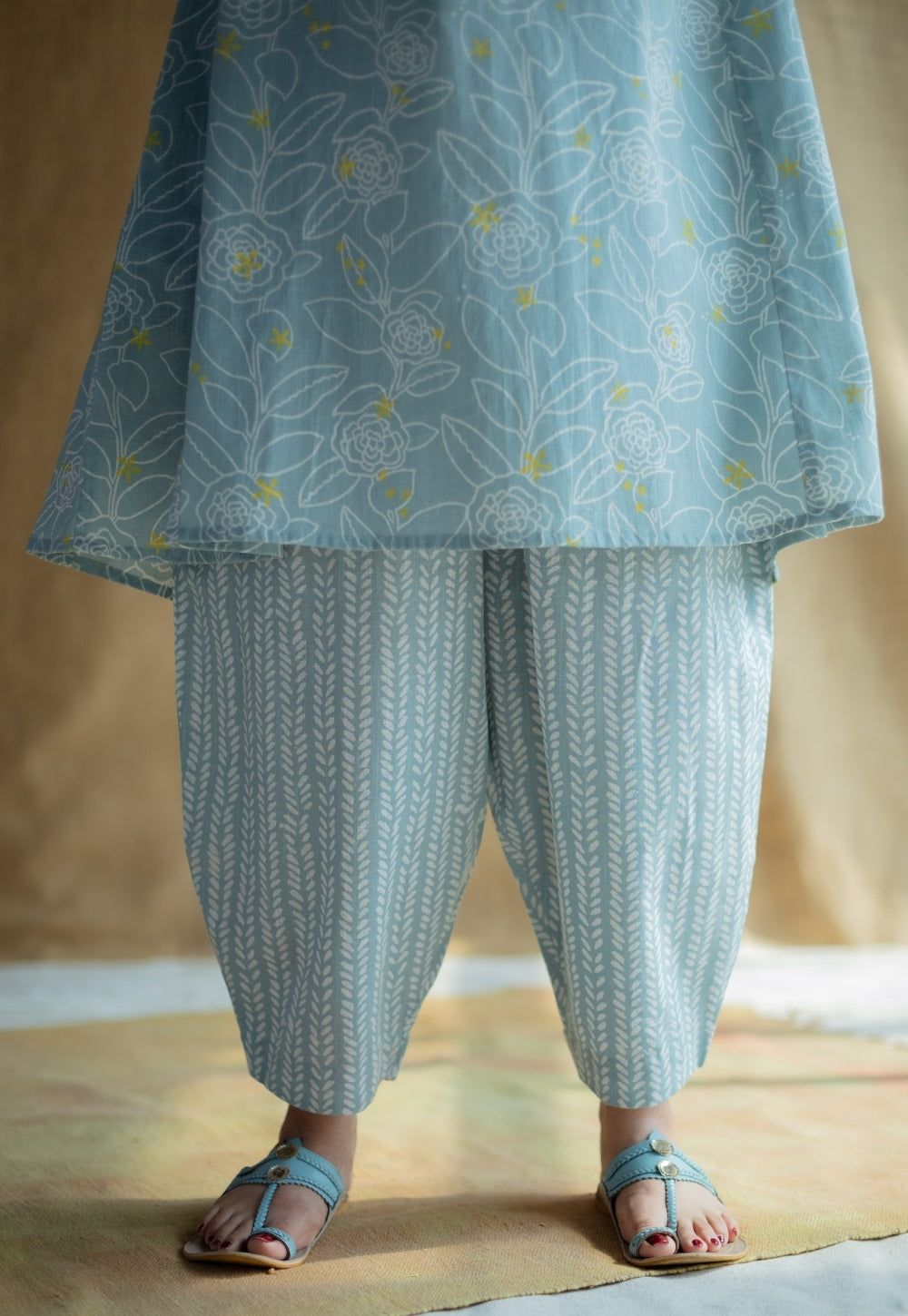Tarin Sky Blue Hand Block Print Slub Cotton Afghan Pant