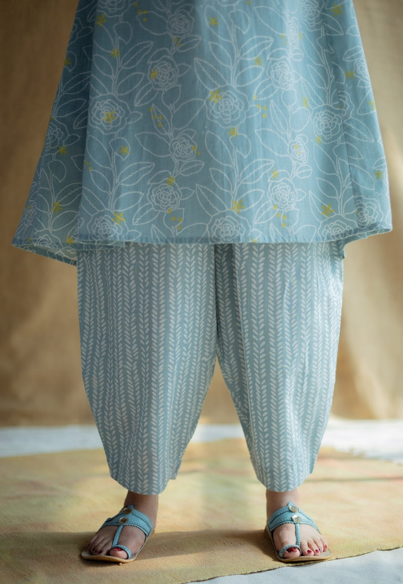 Tarin Sky Blue Hand Block Print Slub Cotton Afghan Pant