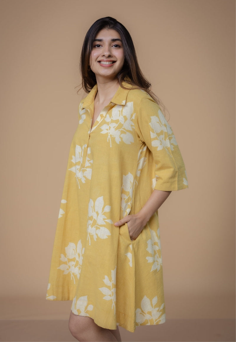 Srisha Yellow Dabu Slub Cotton A Line Dress