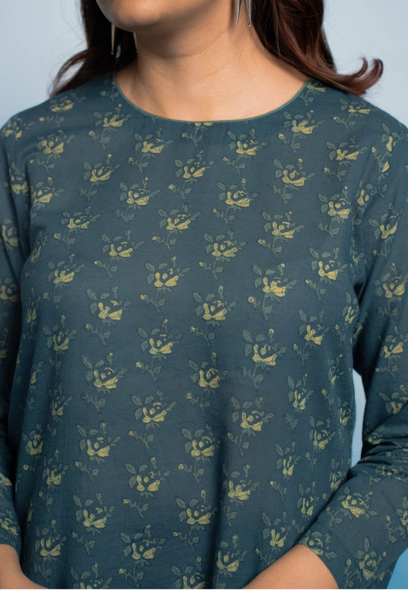 Tahira Teal Blue Dabu Mul Cotton A Line Kurta